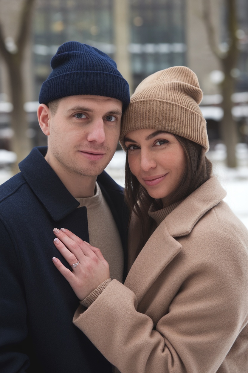 A couple wearing matching beanies. The man has on a navy beanie and coat, while the woman wears a beige beanie and coat, both smiling at the camera.