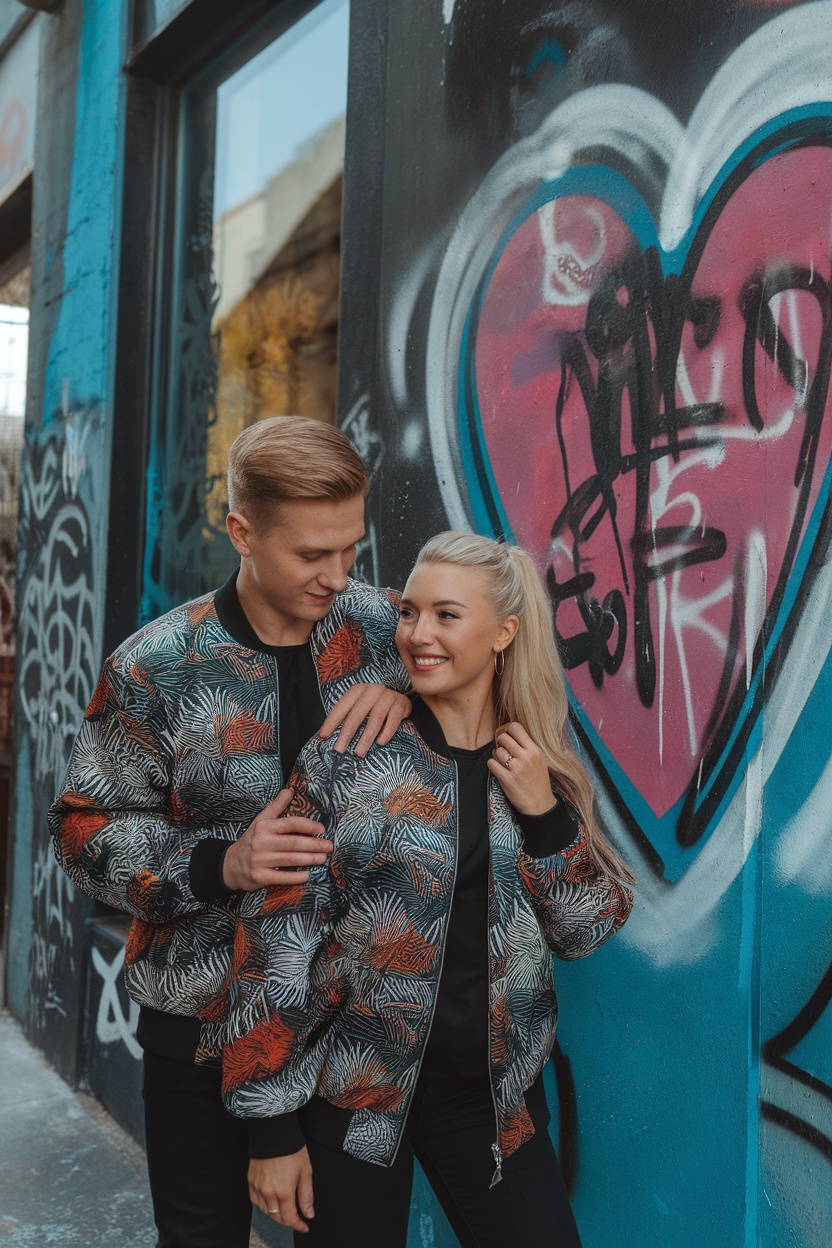 A couple wearing matching colorful bomber jackets in front of a graffiti wall.