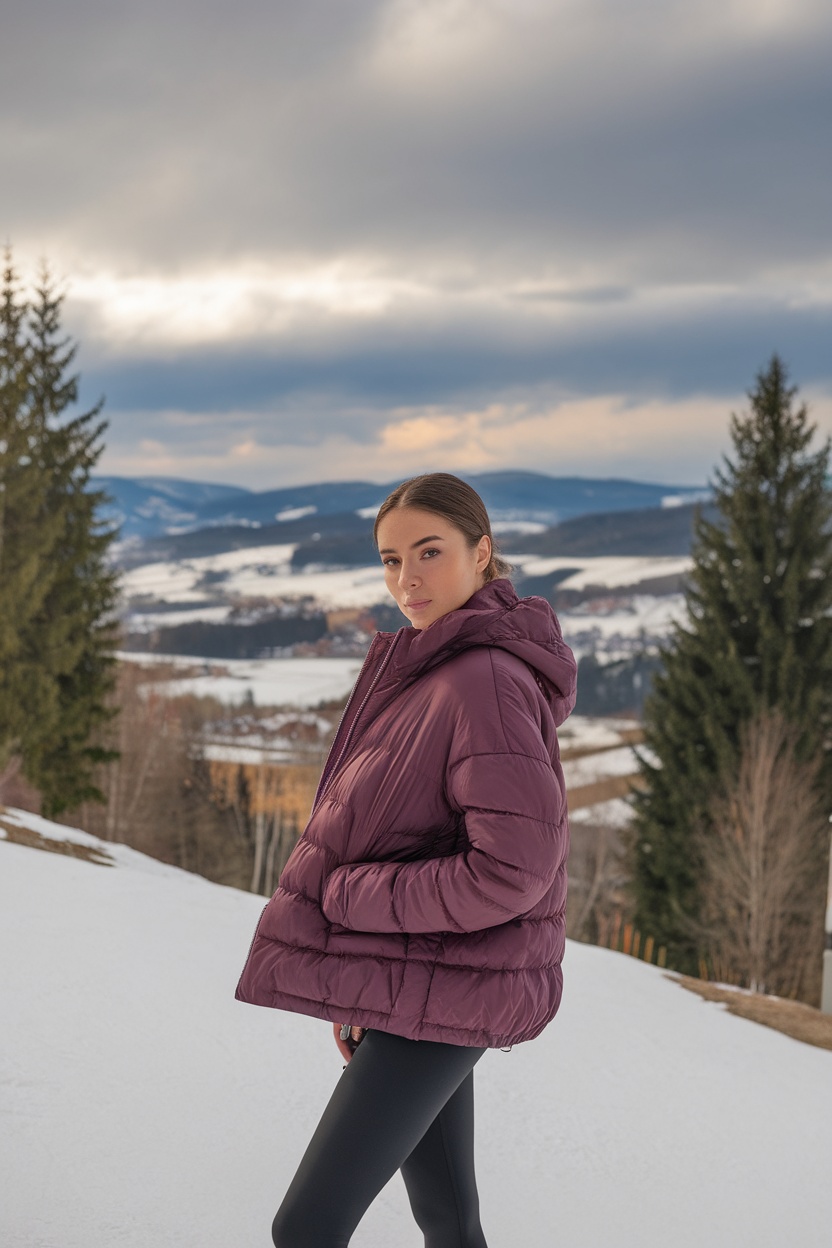 A woman in a purple puffer jacket and black leggings stands on a snowy hillside, surrounded by trees and mountains.