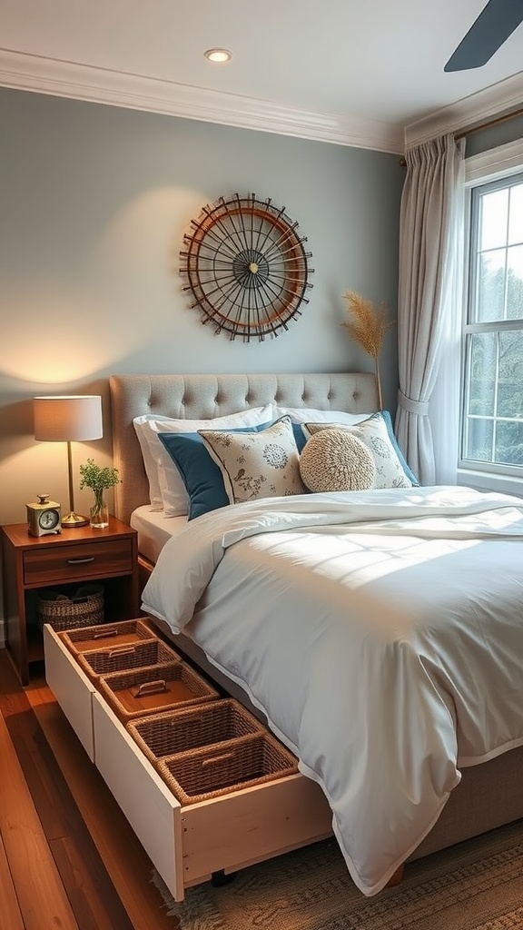 A cozy bedroom featuring a bed with storage drawers, woven baskets, and minimalist decor