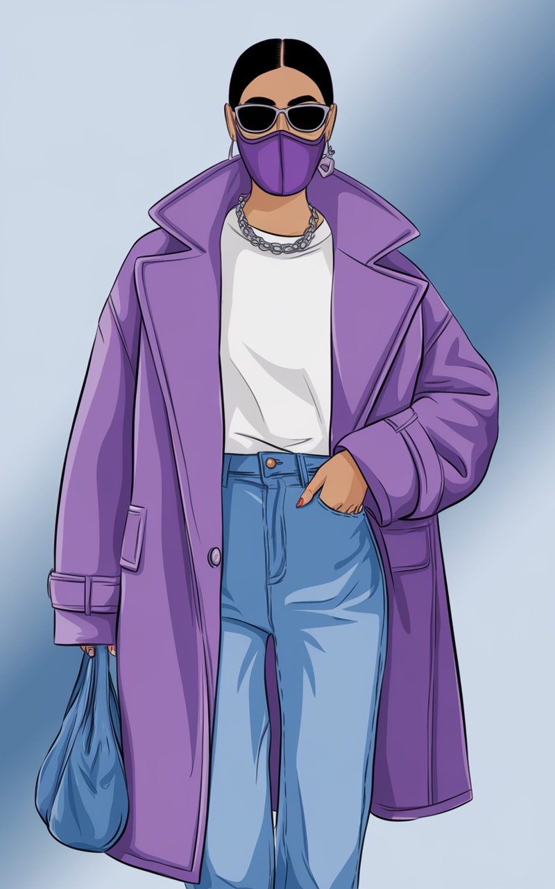 Stylized fashion illustration of a woman in a purple coat and sunglasses.