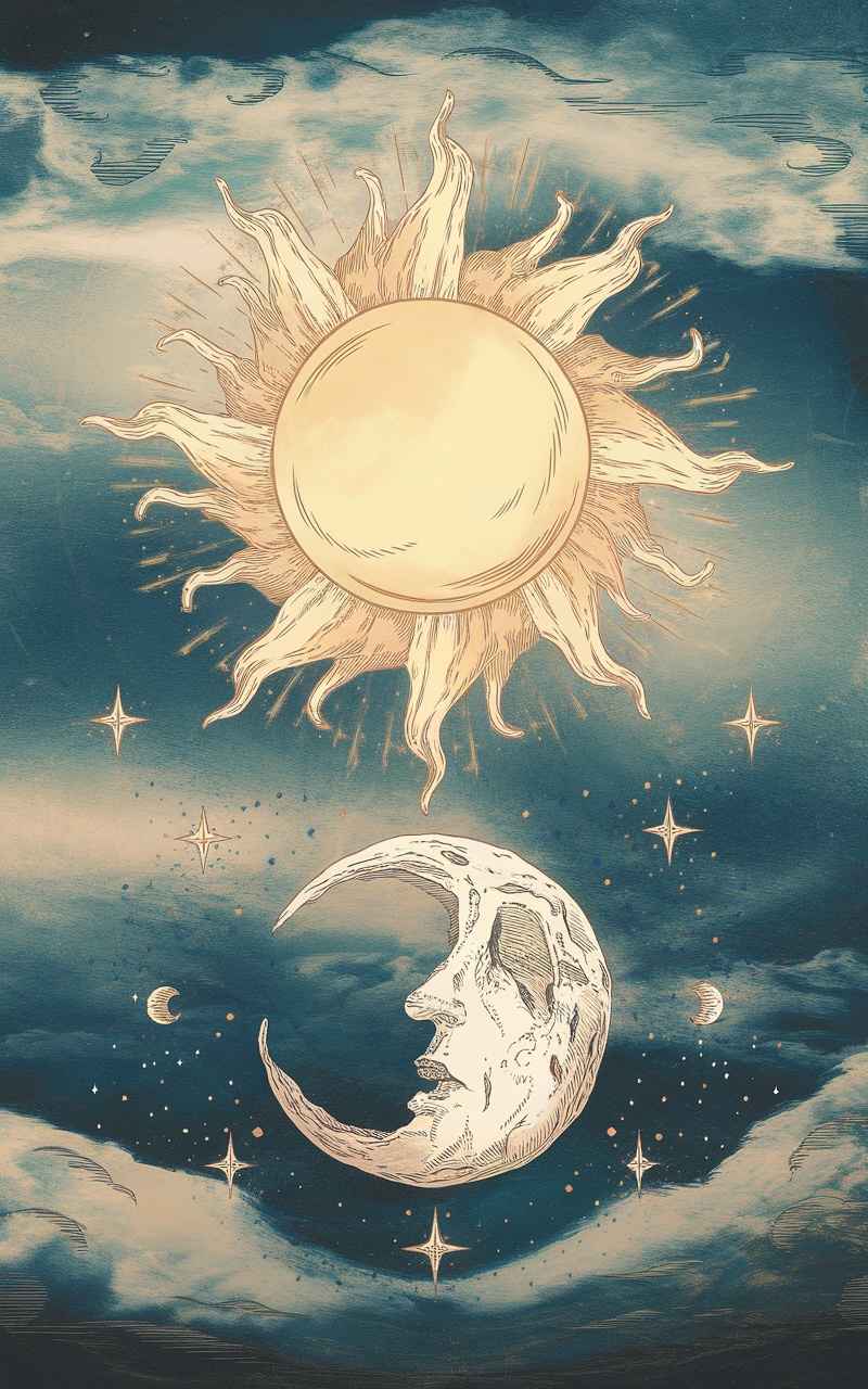 Stylized illustration of a sun and moon in a dreamy sky