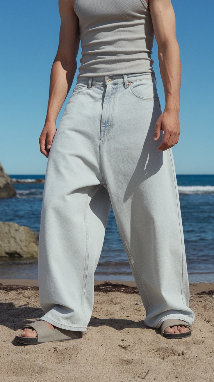 A man wearing baggy light-washed jeans and a gray tank top standing on the beach