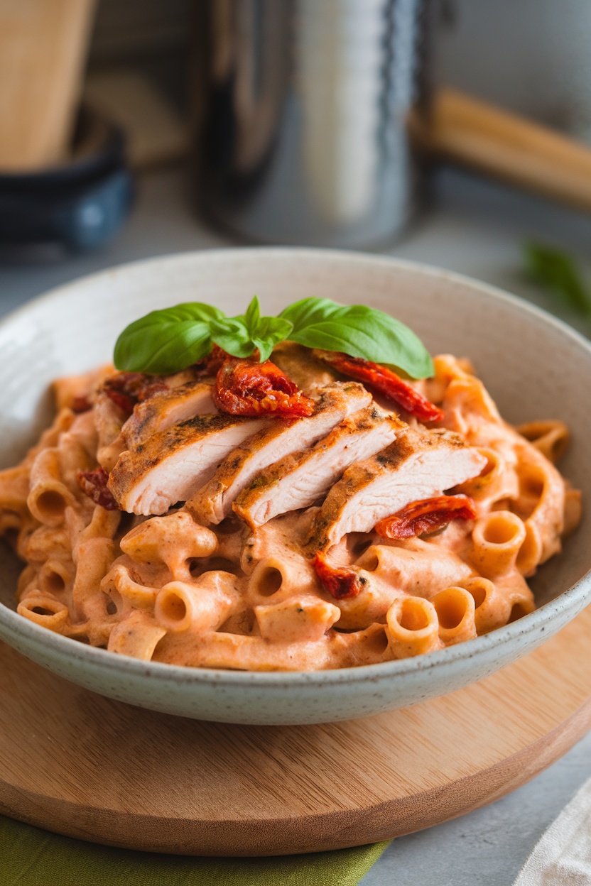 A bowl of sun-dried tomato chicken pasta with sliced grilled chicken and fresh basil on top.