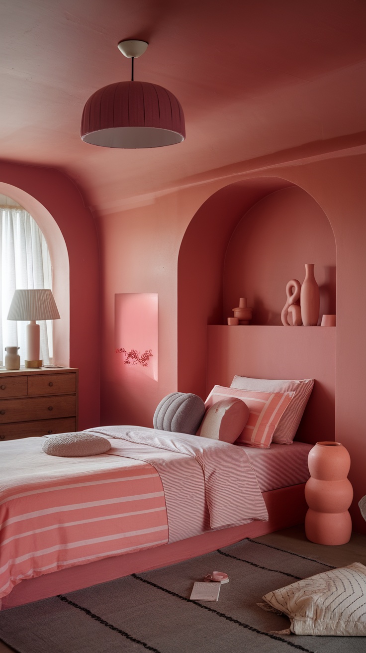 A cozy bedroom with a sunset pink color palette featuring soft pink walls, rounded archways, and layered bedding.