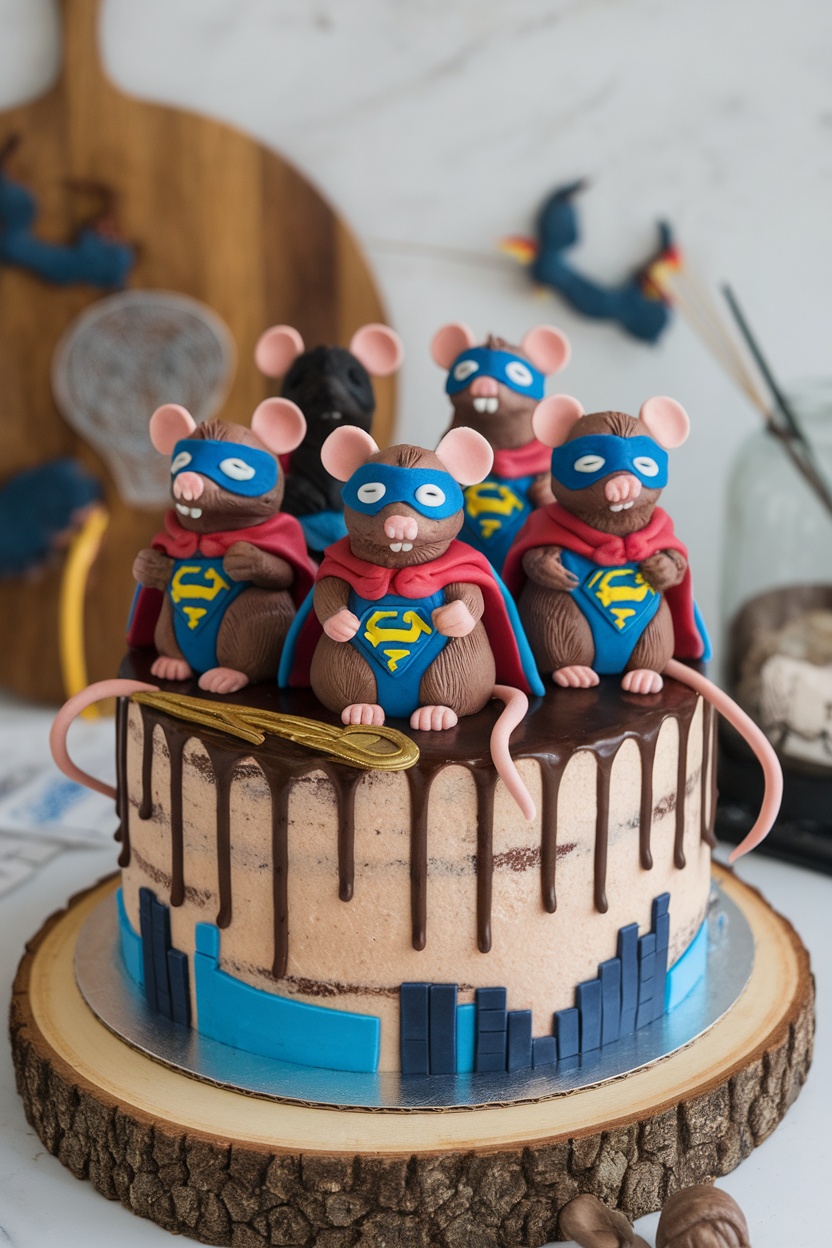 A cake decorated with superhero rat figurines wearing capes and masks, featuring a chocolate drip and colorful fondant decorations.