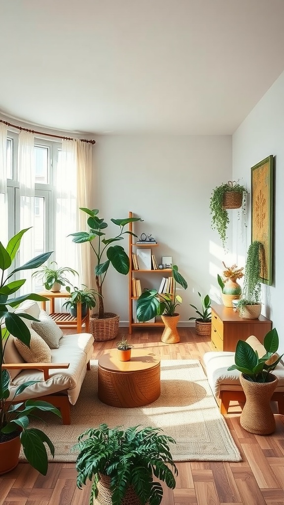 A bright and inviting living space with plants, wooden furniture, and cozy textiles.