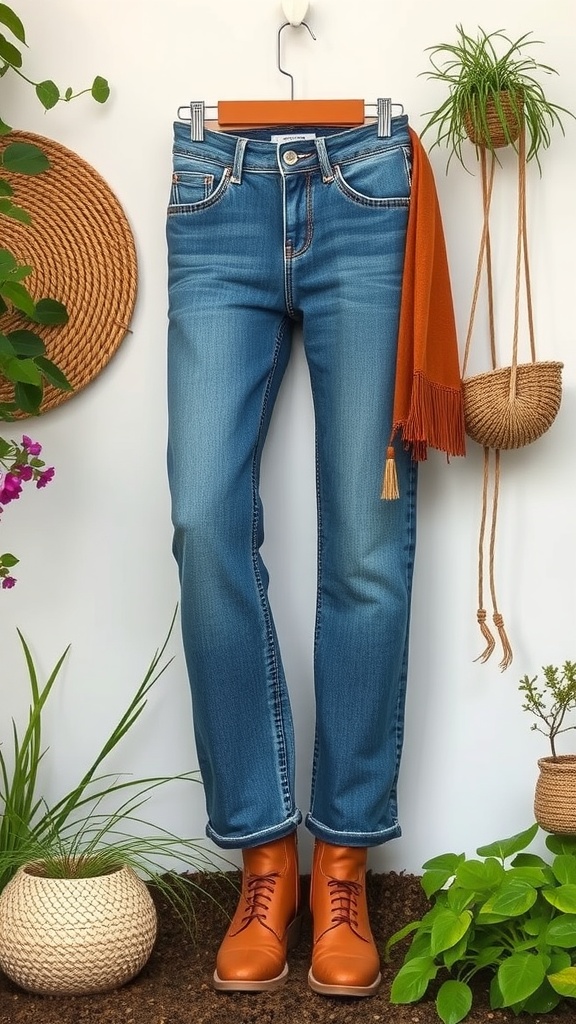 A person wearing sustainable cinch waist jeans standing among plants, embodying eco-conscious fashion.
