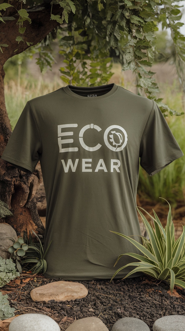 Sustainable olive green t-shirt with 'ECO WEAR' printed on it, displayed outdoors