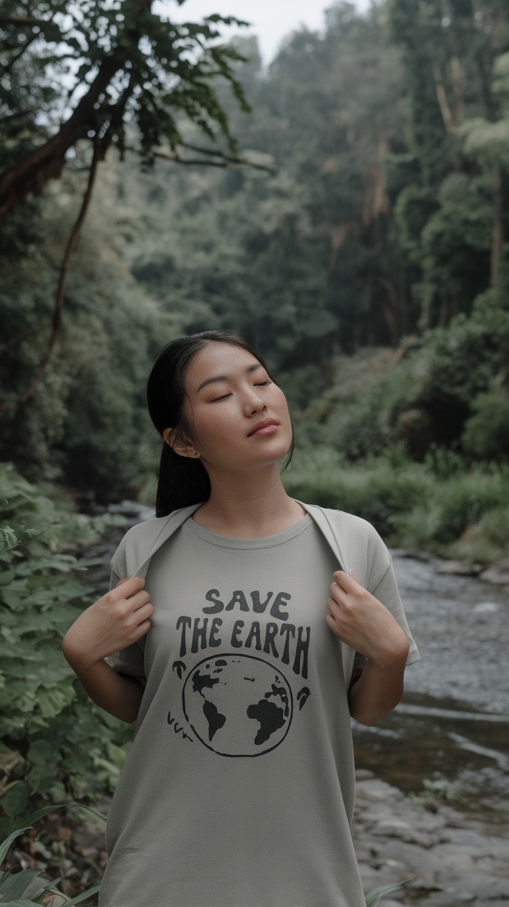 A woman with long hair wearing a light 'SAVE THE EARTH' t-shirt, standing near a river surrounded by green trees.