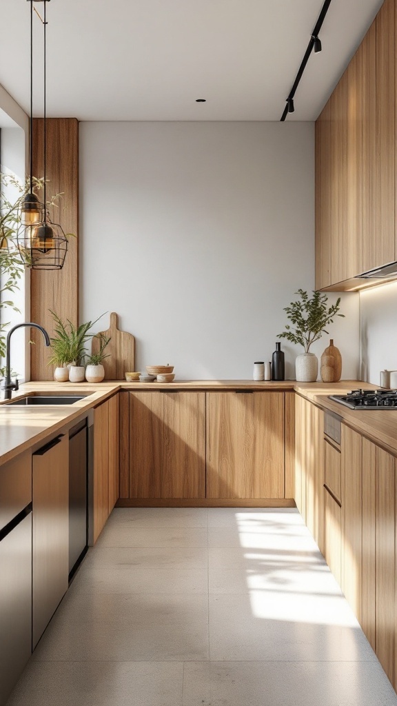 A modern kitchen featuring warm wood cabinetry and plants, showcasing sustainable design elements.