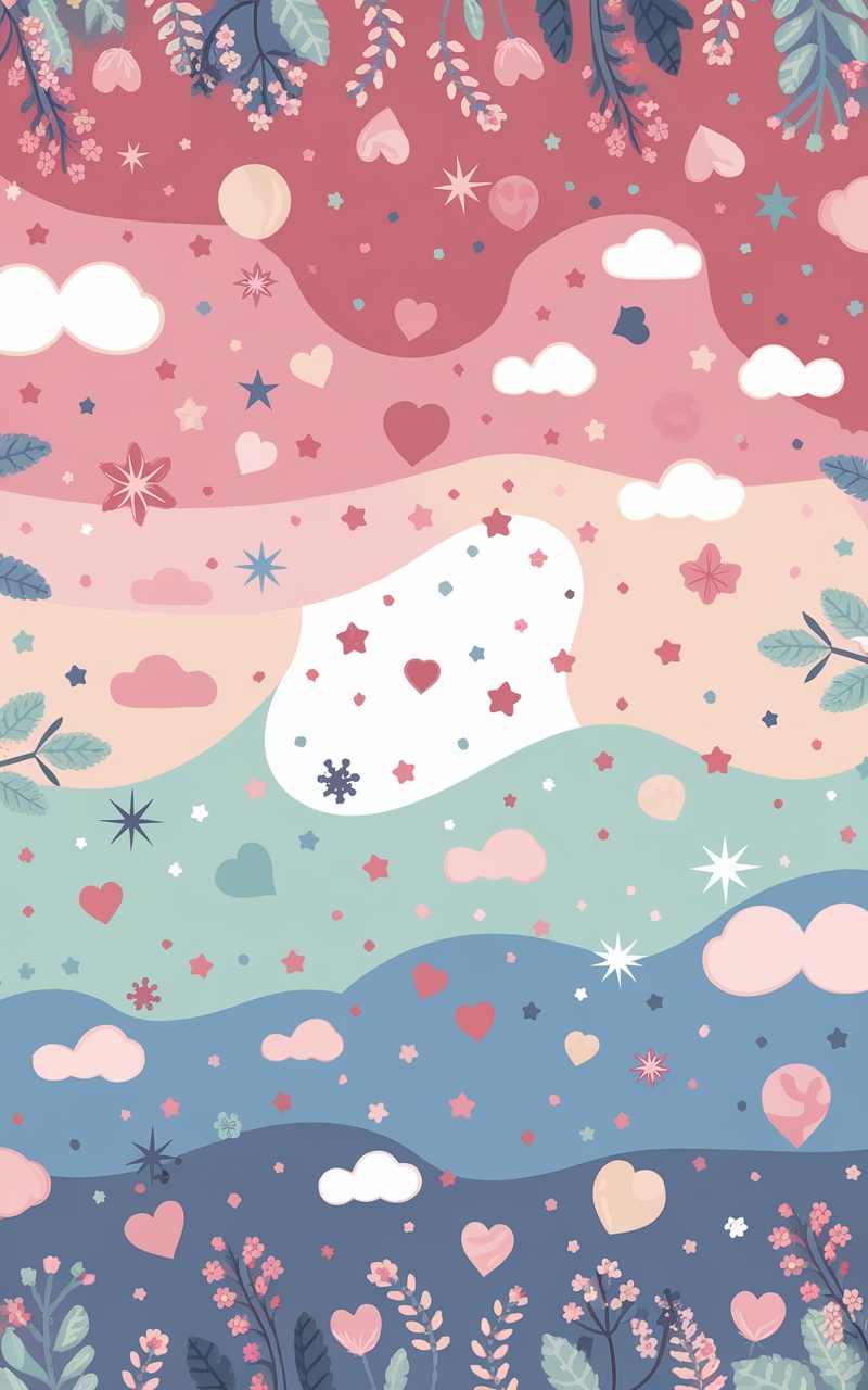 A whimsical pastel design featuring hearts, stars, and clouds in soft colors.