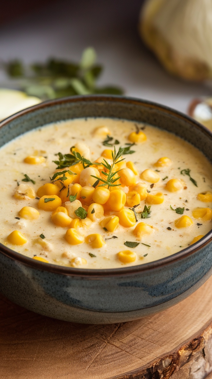 A creamy bowl of sweet corn chowder garnished with fresh herbs.