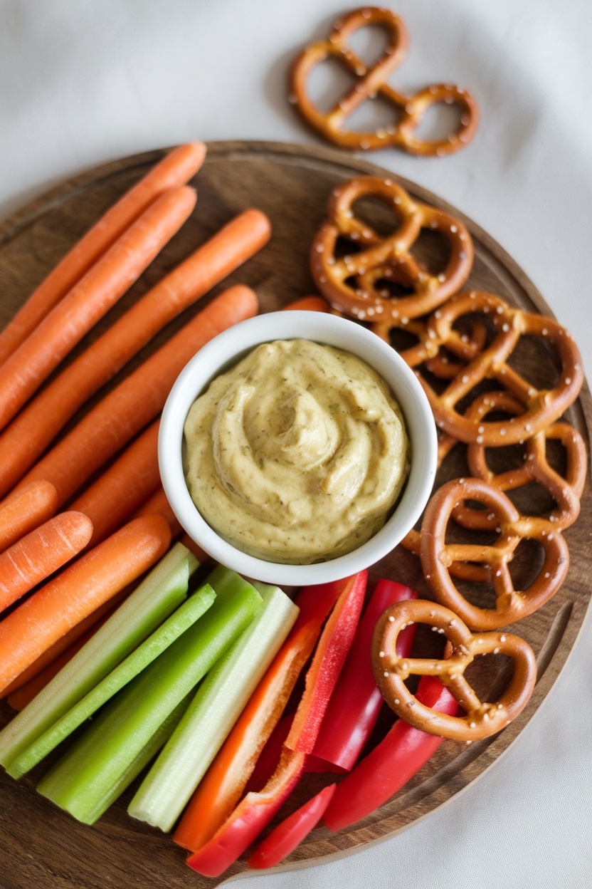 Sweet Dill Pickle Mustard served with pretzels and vegetables