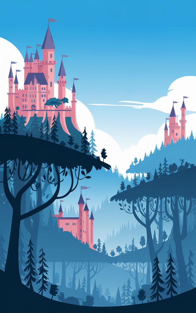 A beautiful illustration of fairytale castles surrounded by trees and blue skies