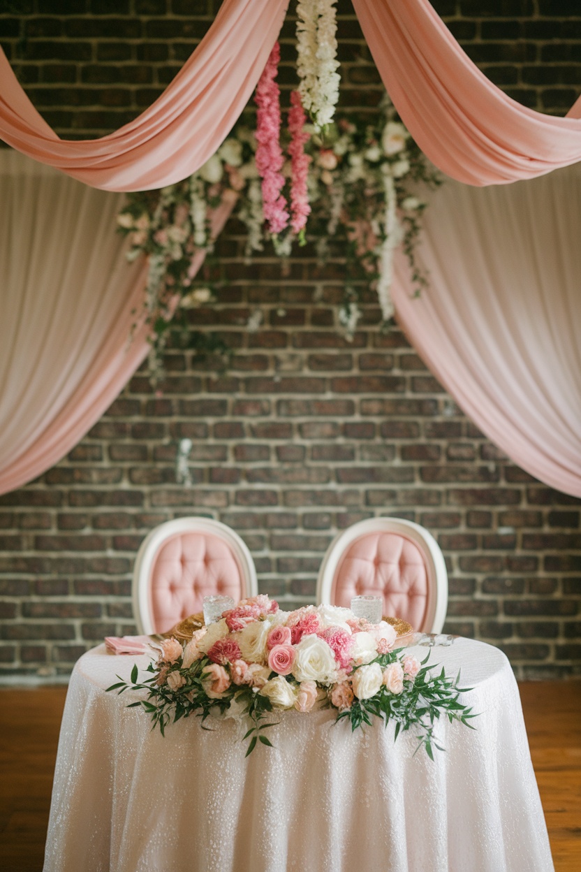 Sweetheart table with pink drapery and floral arrangement for Valentine's Day