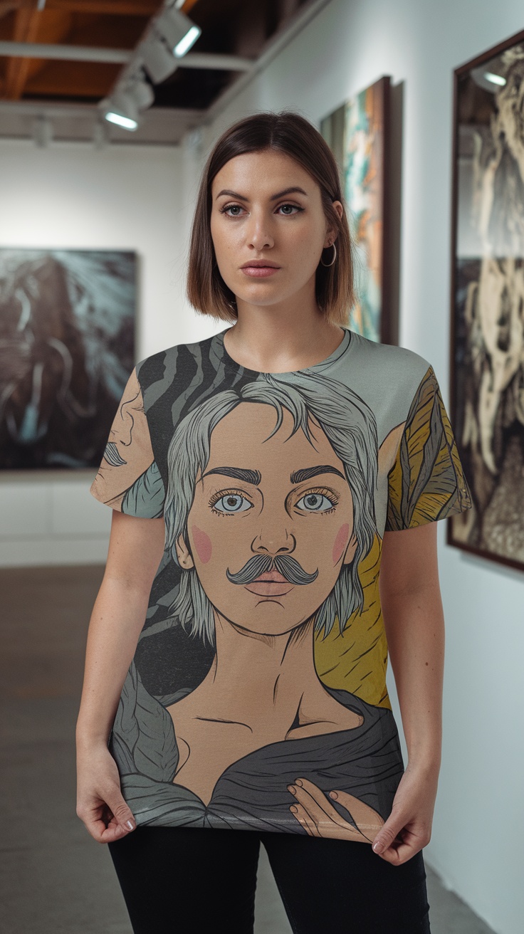 A woman wearing a t-shirt with an artistic illustration of a character with a mustache, standing in an art gallery.