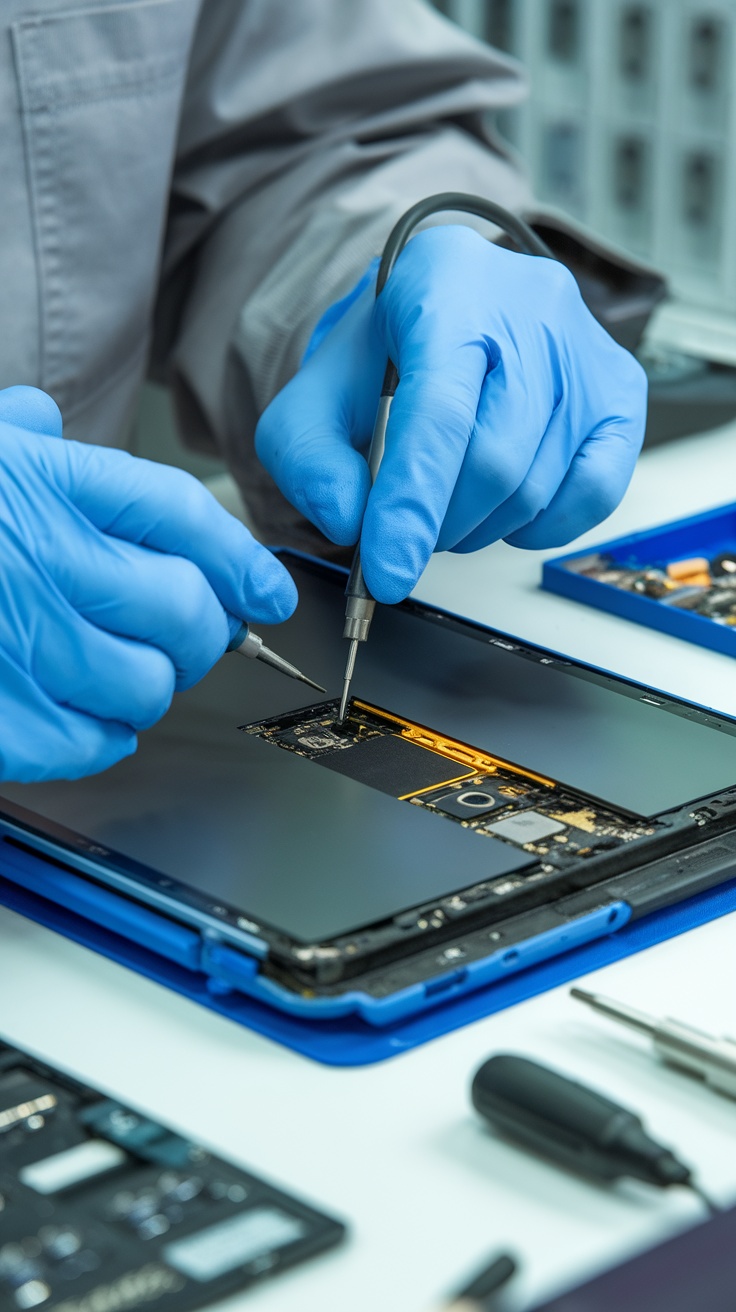 Technician repairing a tablet charging port with precision tools while wearing gloves.