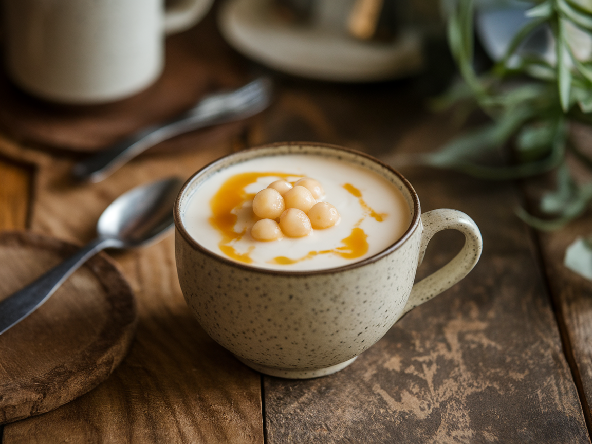 A bowl of taho with silken tofu, syrup, and sago pearls, set on a wooden table.