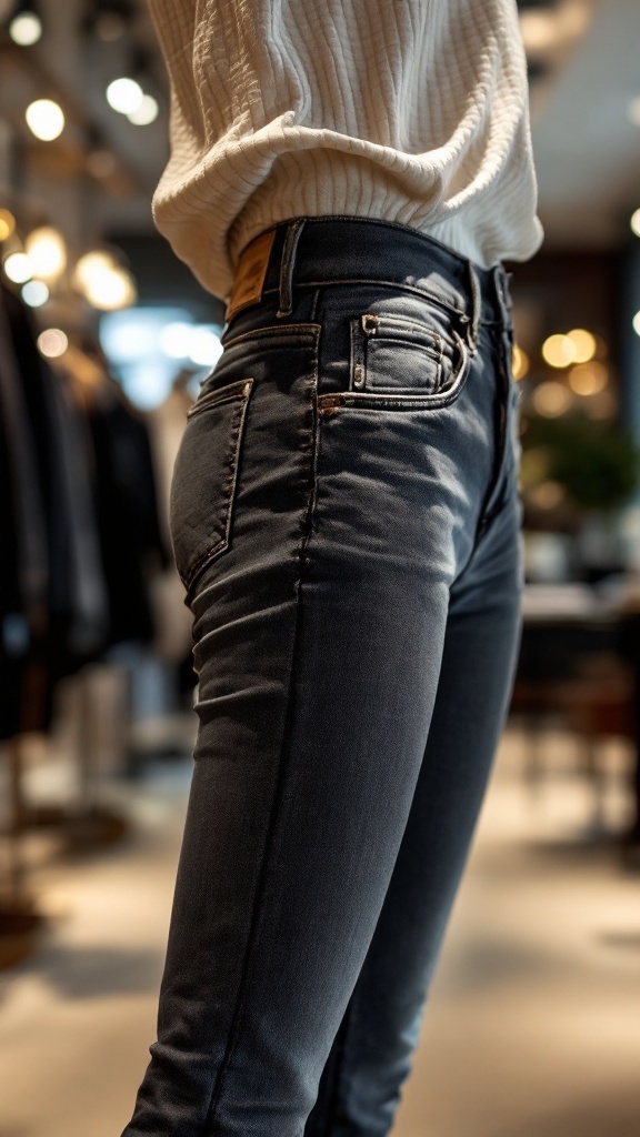 A close-up view of tailored fit cinch waist jeans, showing the adjustable waist and stylish details.