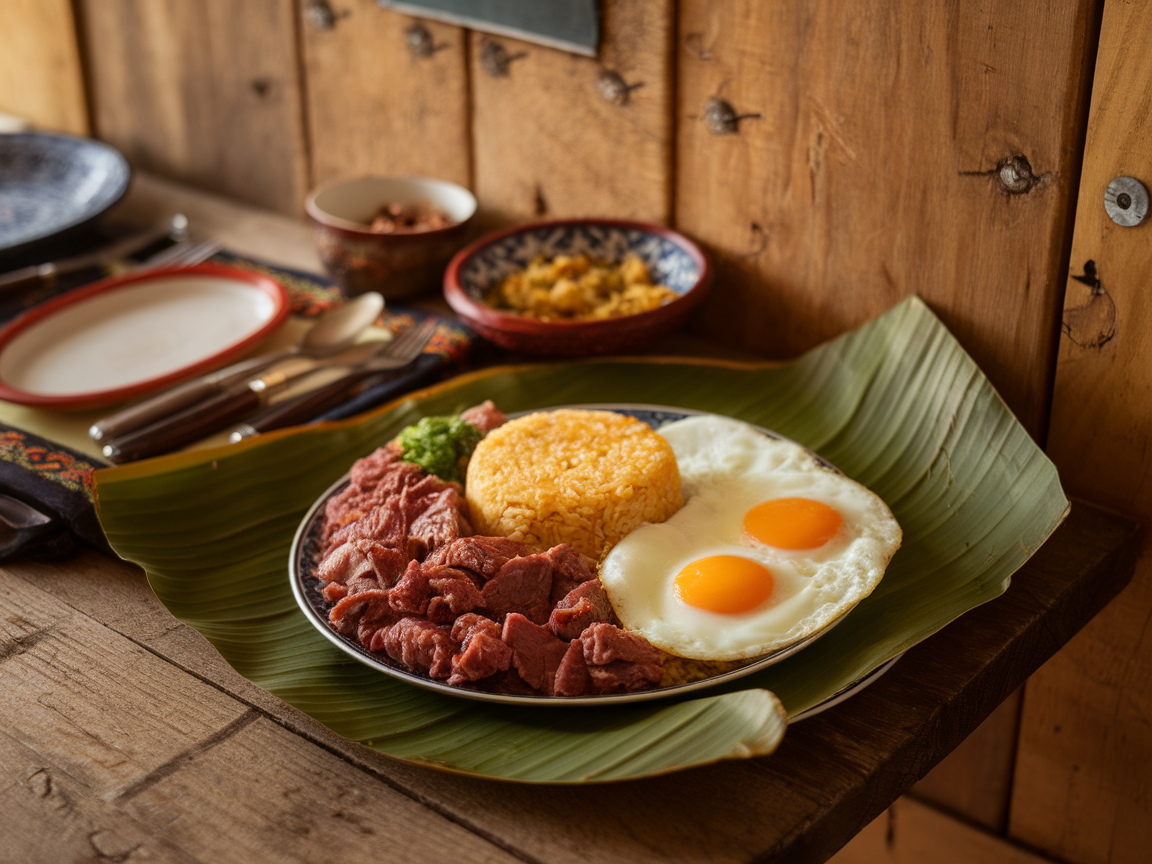 A plate of Tapsilog with marinated beef, rice, and sunny-side-up eggs served on a banana leaf.