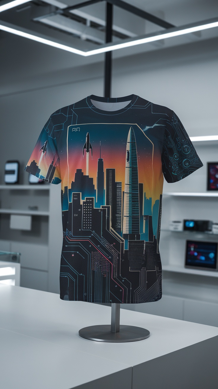 A tech-inspired t-shirt featuring a futuristic city skyline with rockets and circuit patterns.