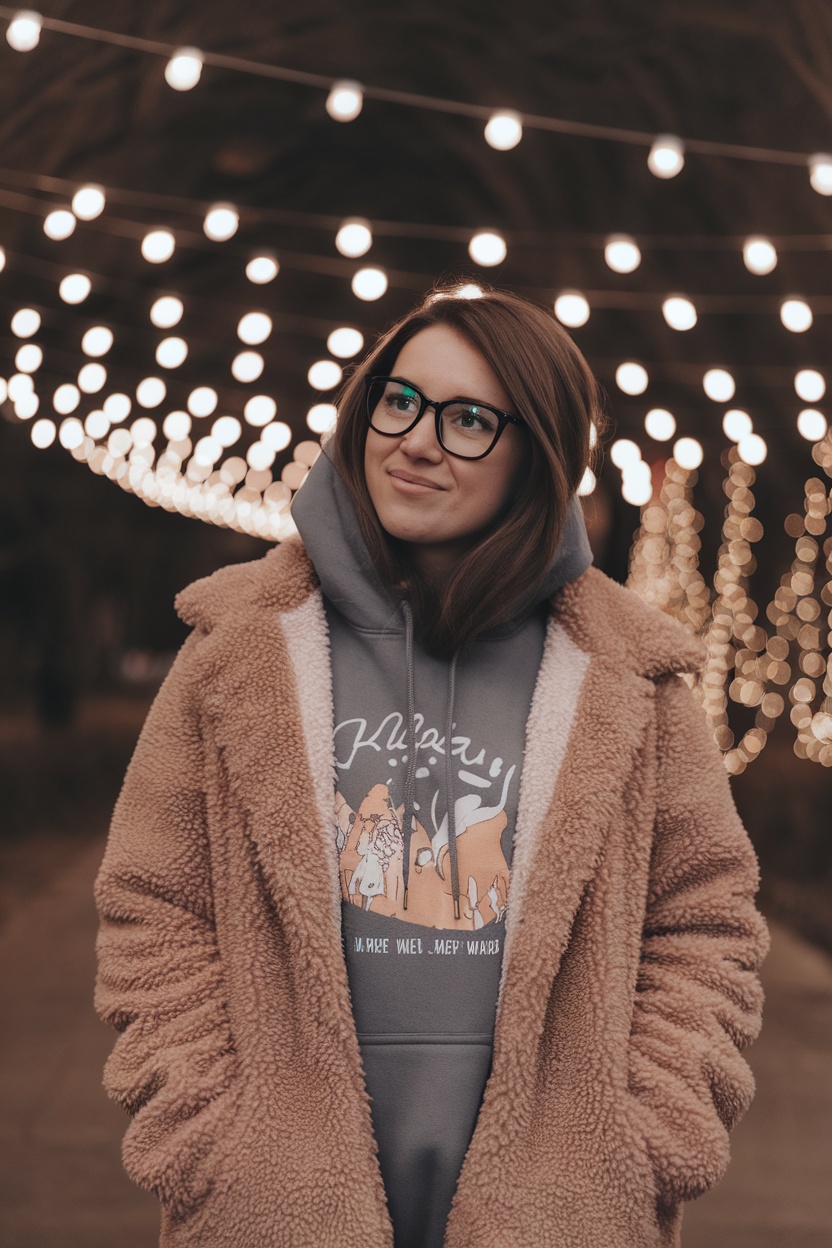 Woman wearing a teddy coat over a graphic hoodie, smiling under string lights.