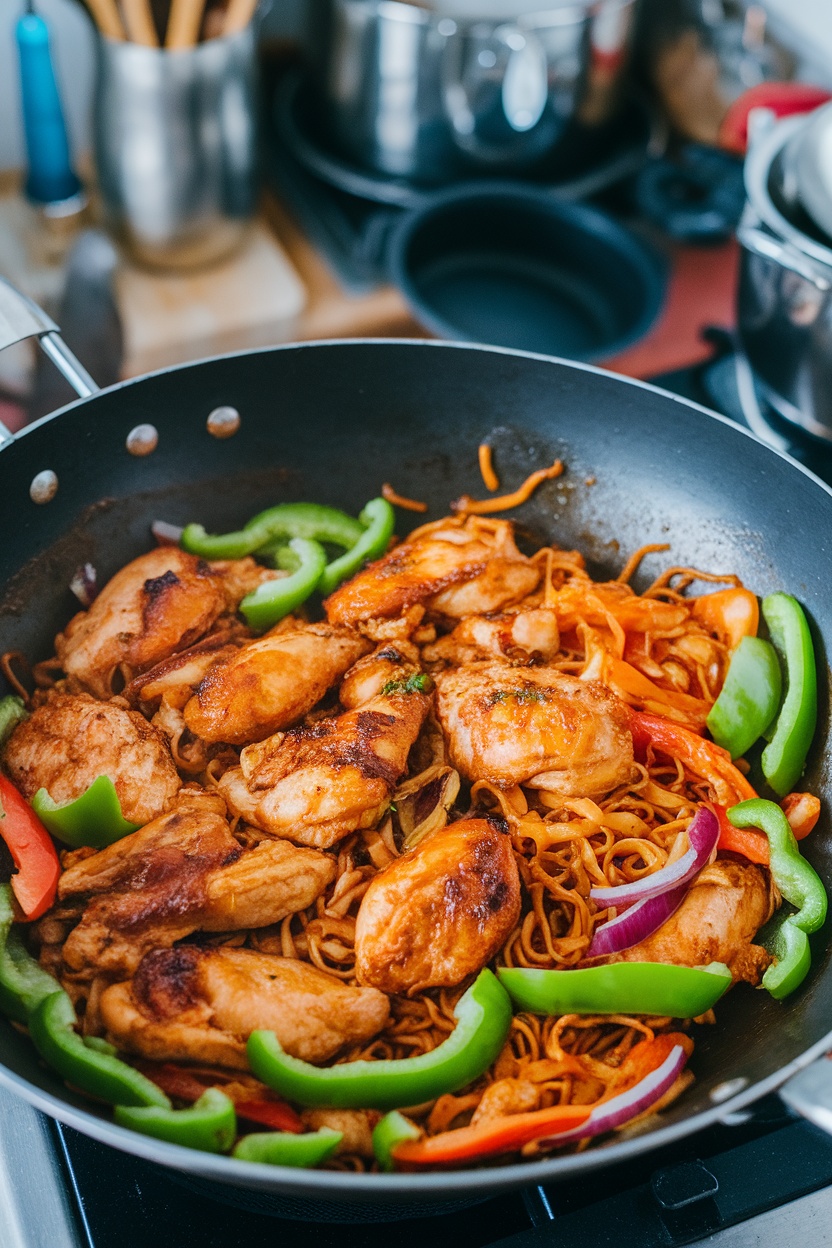 A colorful stir-fry with teriyaki chicken, noodles, and assorted vegetables in a frying pan.