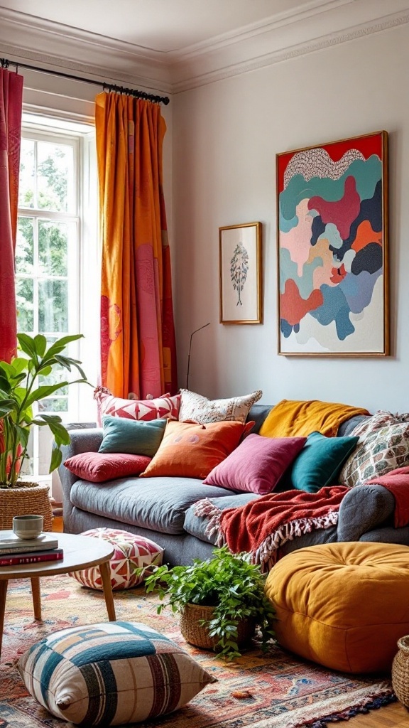 A vibrant maximalist living room featuring a mix of colorful cushions, patterned curtains, and greenery.