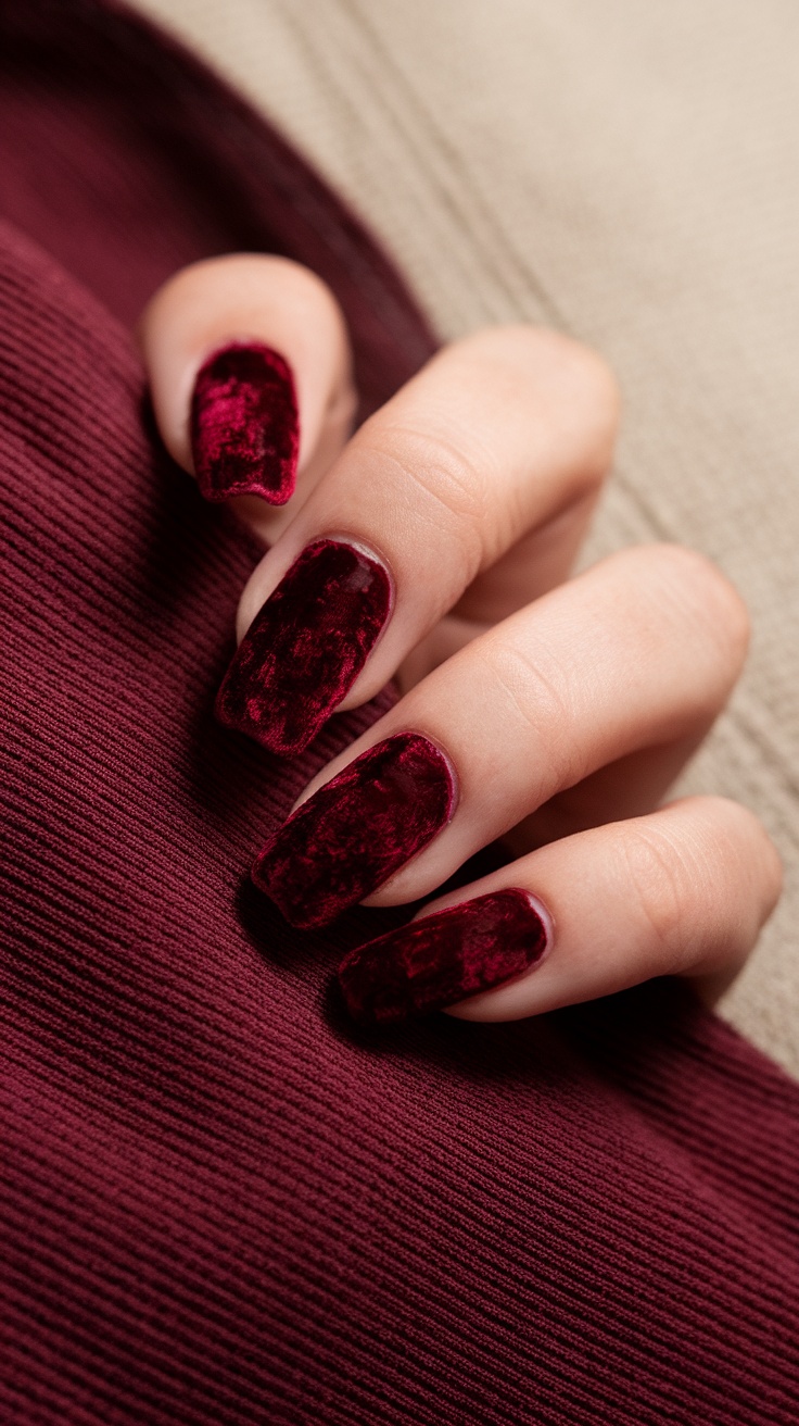 Close-up of textured cherry red nails with a velvet finish.