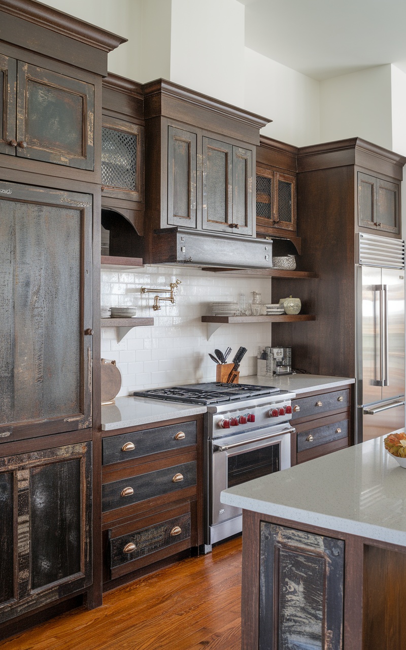 A kitchen featuring textured dark cherry wood cabinets with a rustic finish, sleek countertop, and metallic handles.