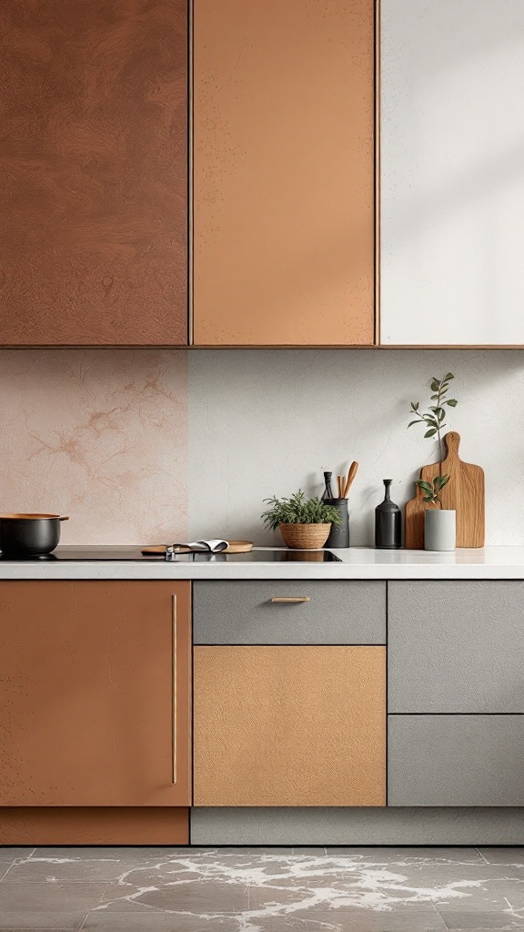 A modern kitchen featuring textured cabinet finishes in brown, copper, gray, and white.