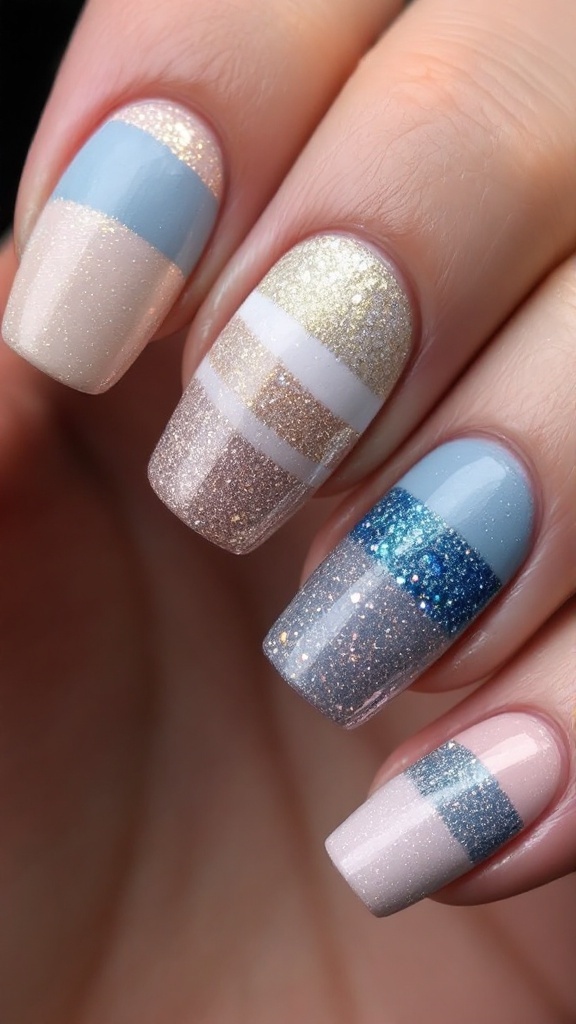 Detailed close-up of trendy nail designs featuring textured layers with glitter and contrasting colors.