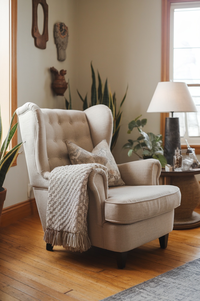 A cozy armchair adorned with a textured throw blanket, showcasing a warm home aesthetic.