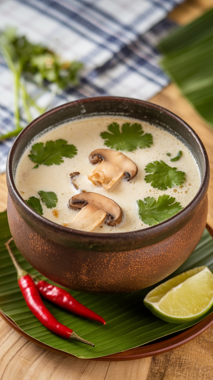 A bowl of Thai Coconut Soup (Tom Kha) garnished with mushrooms and cilantro.