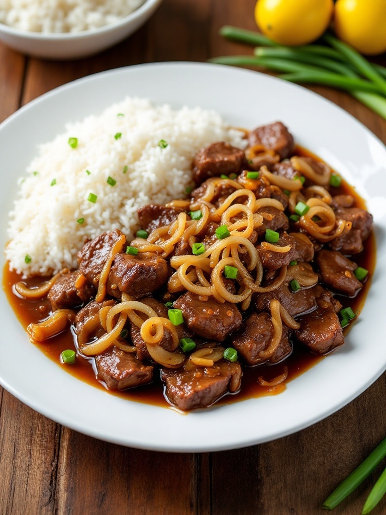 A delicious serving of Bistek Tagalog with beef and onions, served alongside rice and calamansi.