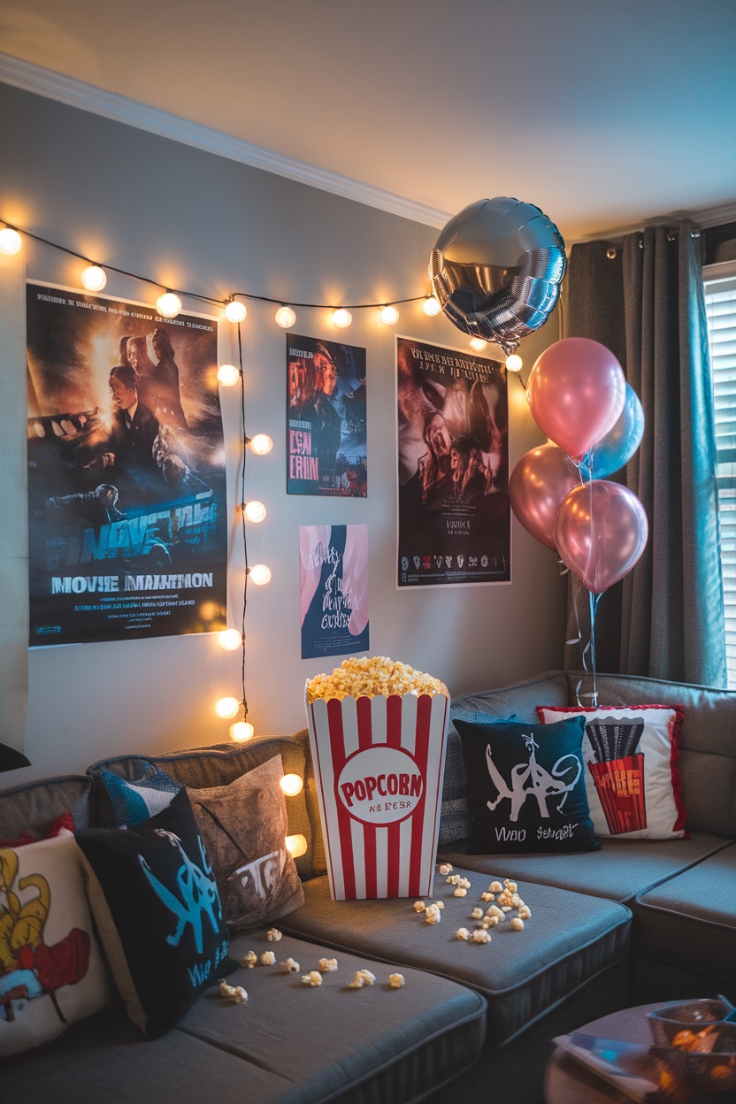 A cozy movie marathon setup featuring popcorn, colorful balloons, and movie posters.