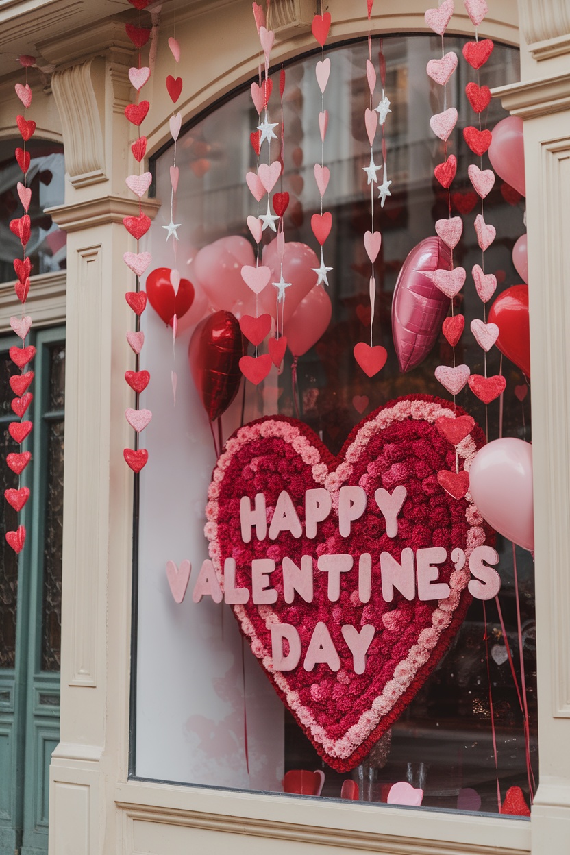 Window display for Valentine's Day featuring hearts, flowers, and balloons.