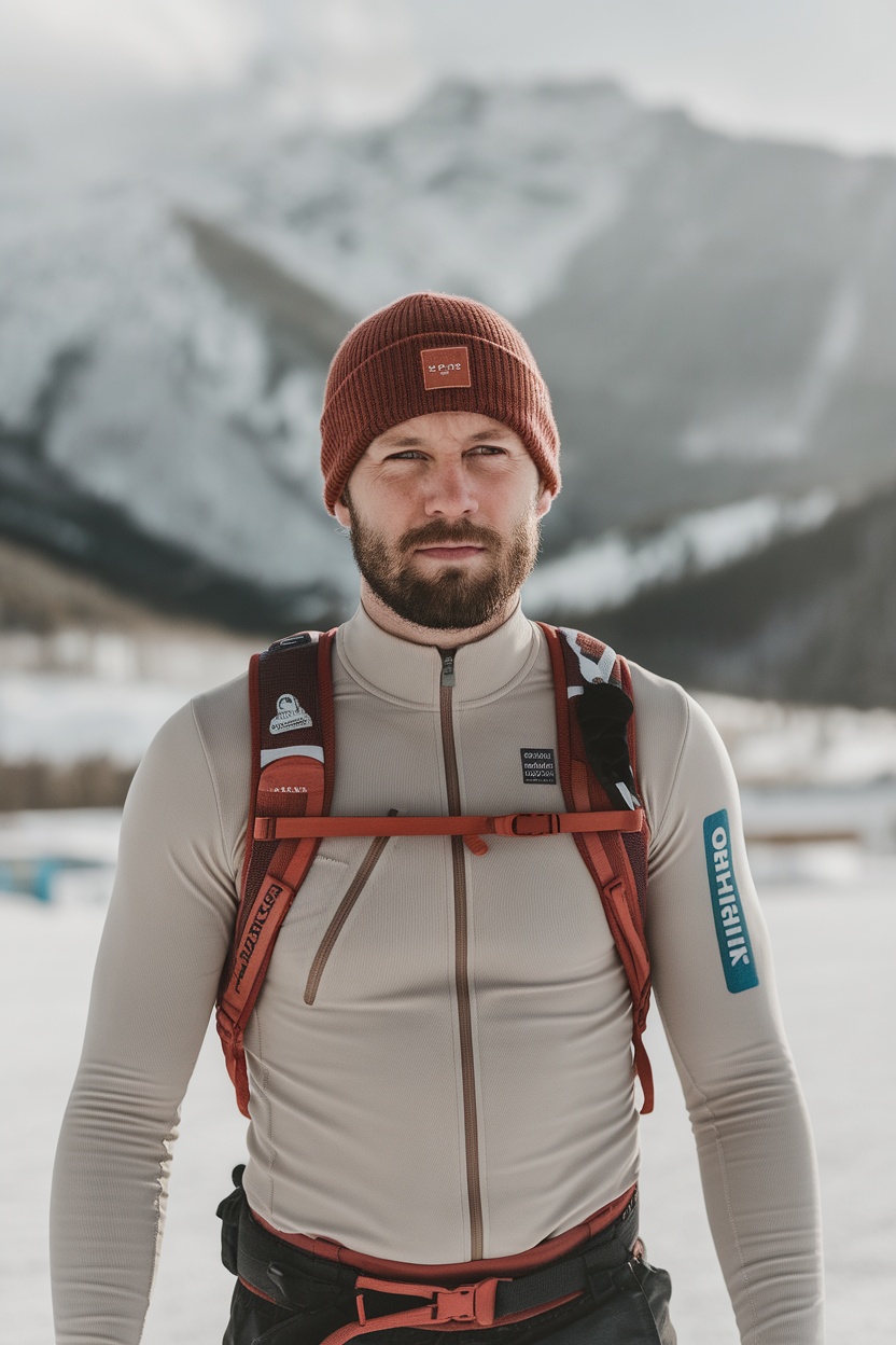 A man in a thermal base layer and a beanie, standing in a snowy landscape, ready for skiing.