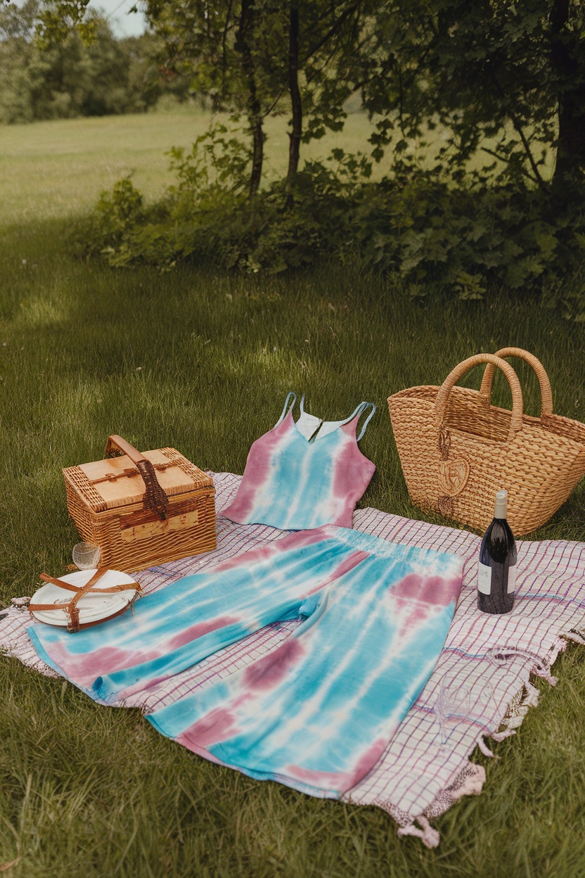 A tie-dye outfit laid out on a picnic blanket with a basket and wine bottle.