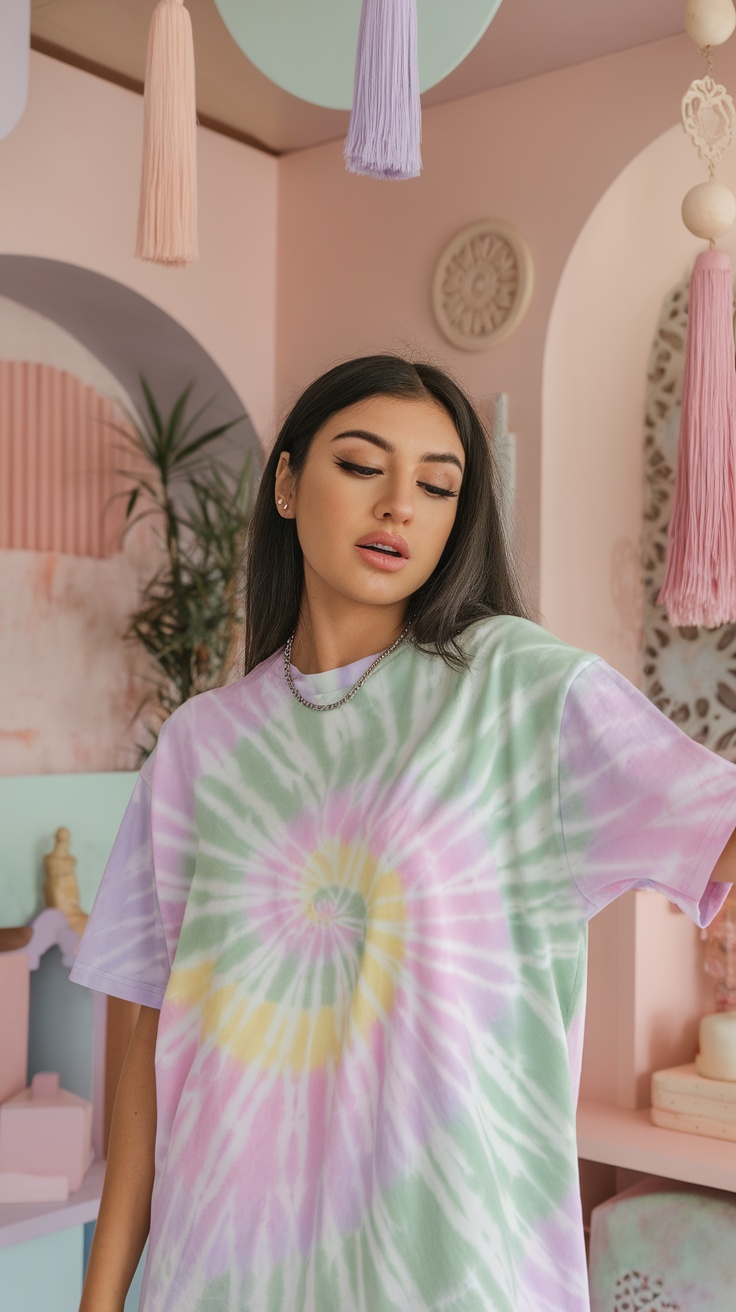 A young woman wearing a pastel tie-dye t-shirt, set against a softly colored background.