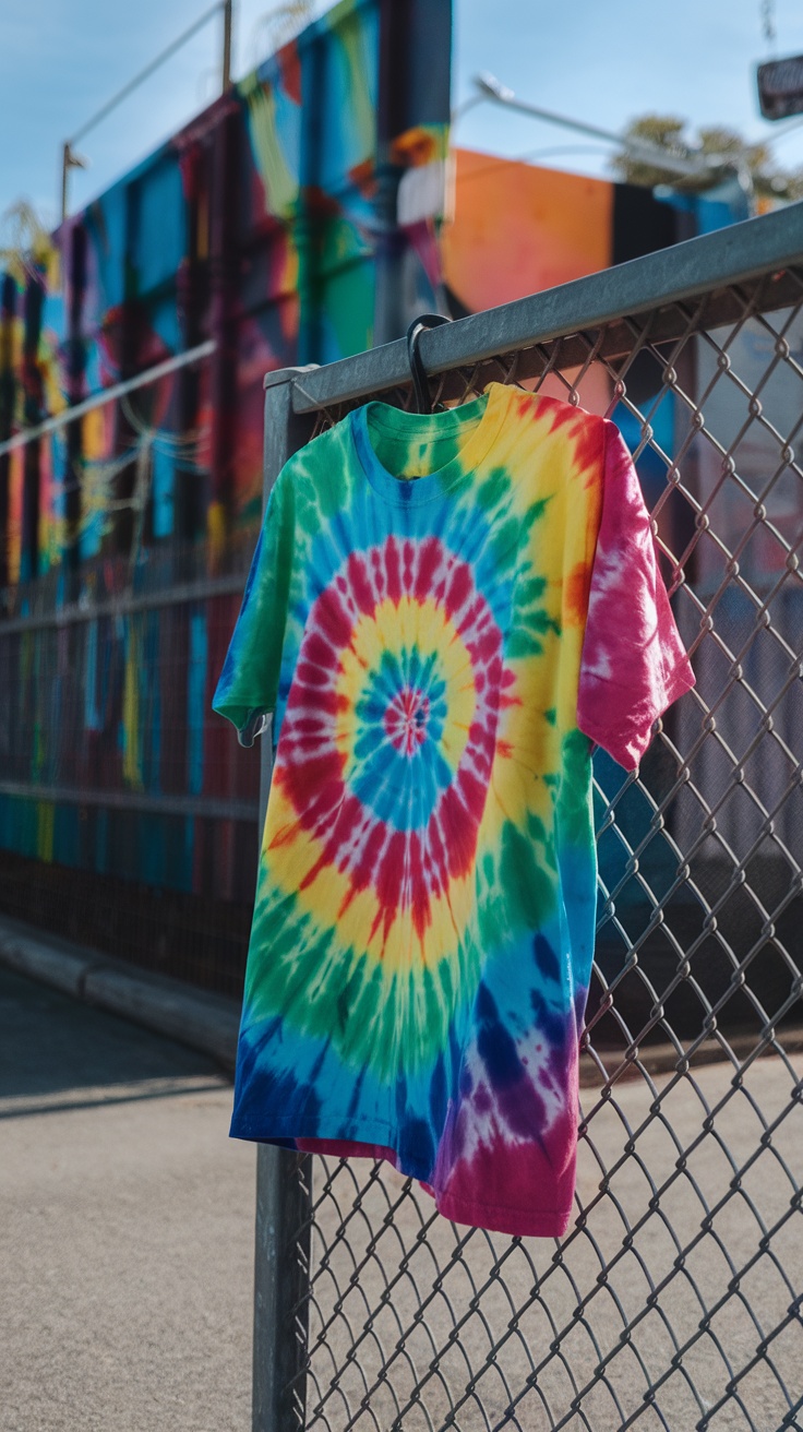A colorful tie-dye t-shirt hanging on a fence.