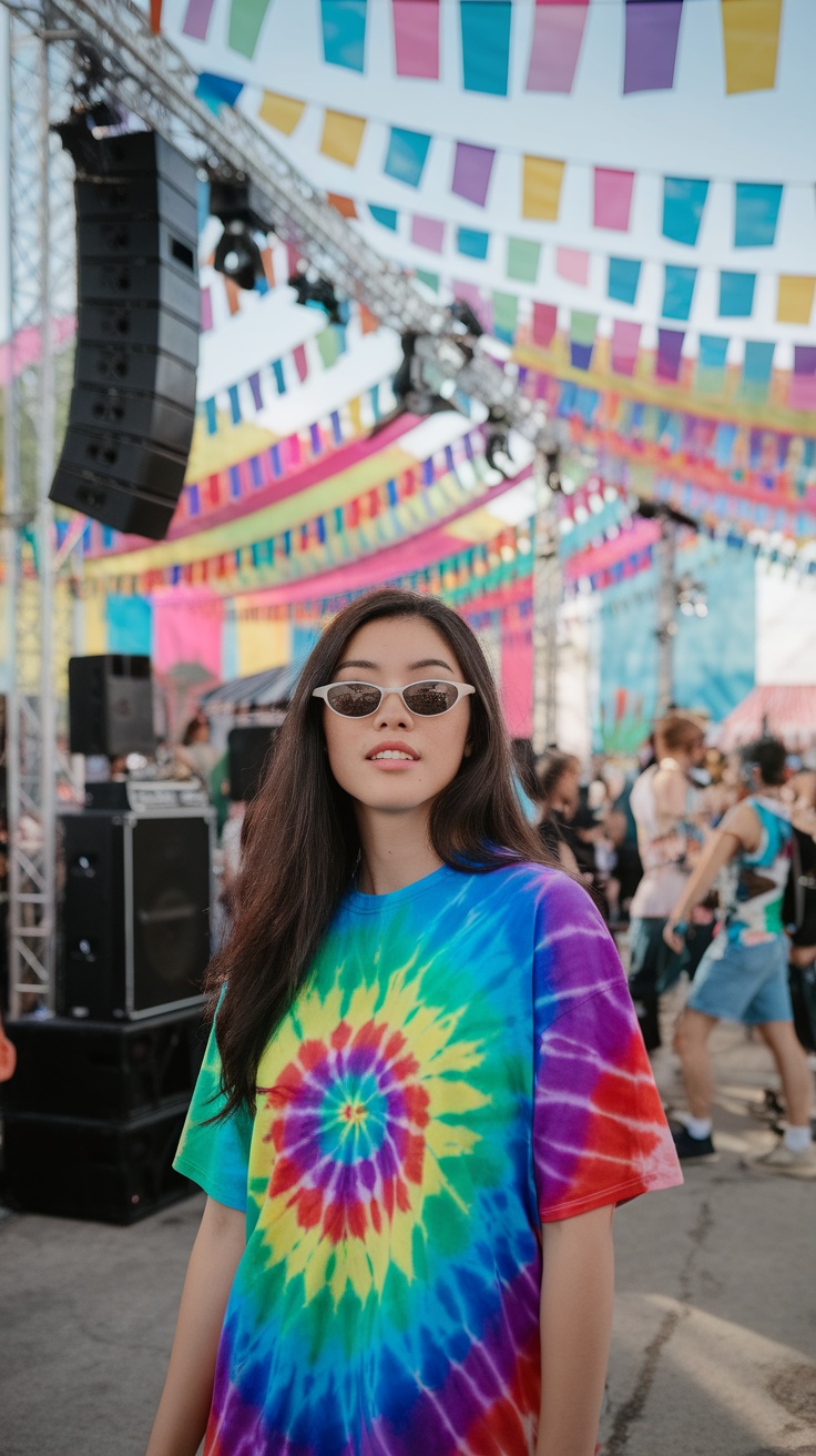 A young woman wearing a vibrant tie-dye t-shirt with a swirl pattern, enjoying an outdoor event with colorful decorations in the background.