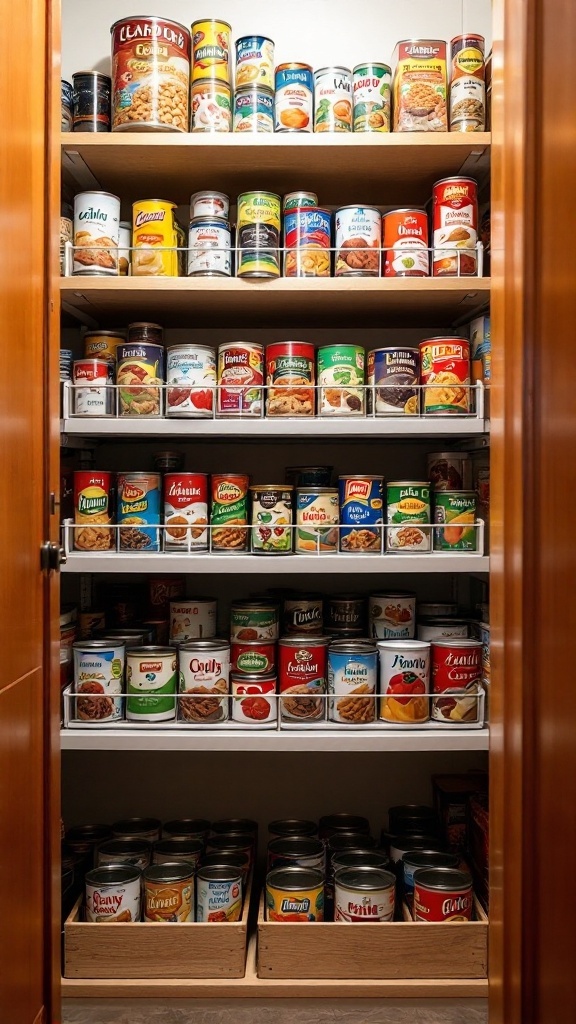 A well-organized pantry with tiered shelves displaying various canned goods.