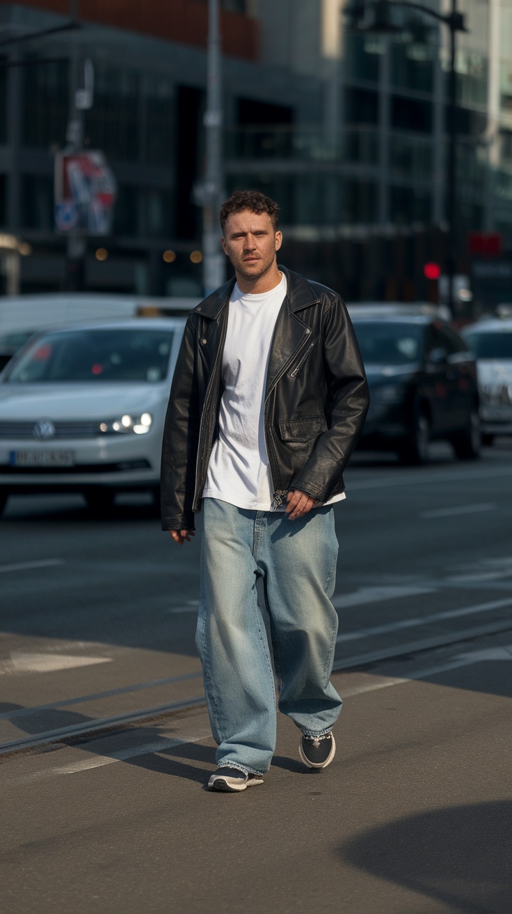 A man wearing baggy jeans, a white t-shirt, and a leather jacket, walking in a city setting.