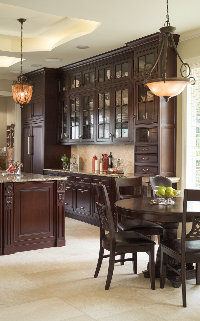 A rich dark cherry kitchen featuring elegant cabinetry, granite countertops, and a cozy dining area.