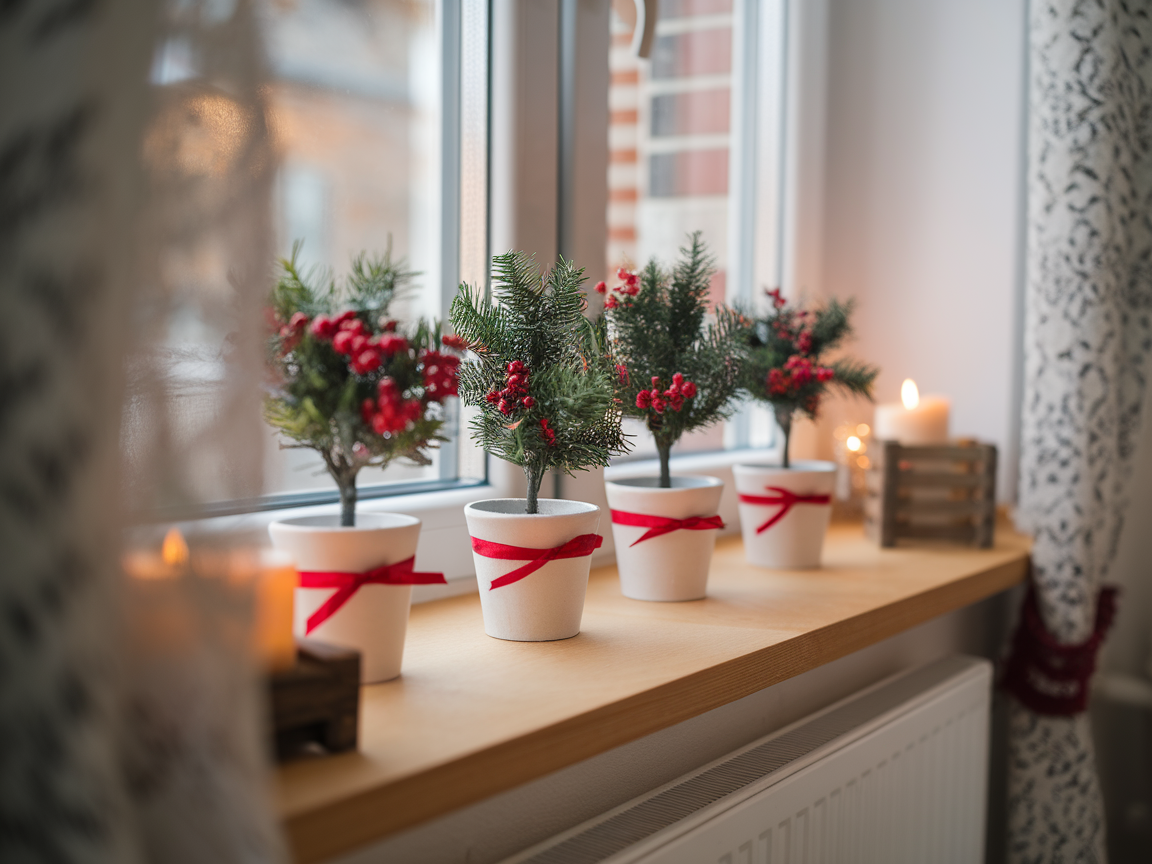 Decorative small potted Christmas plants with red ribbons and berries on a windowsill