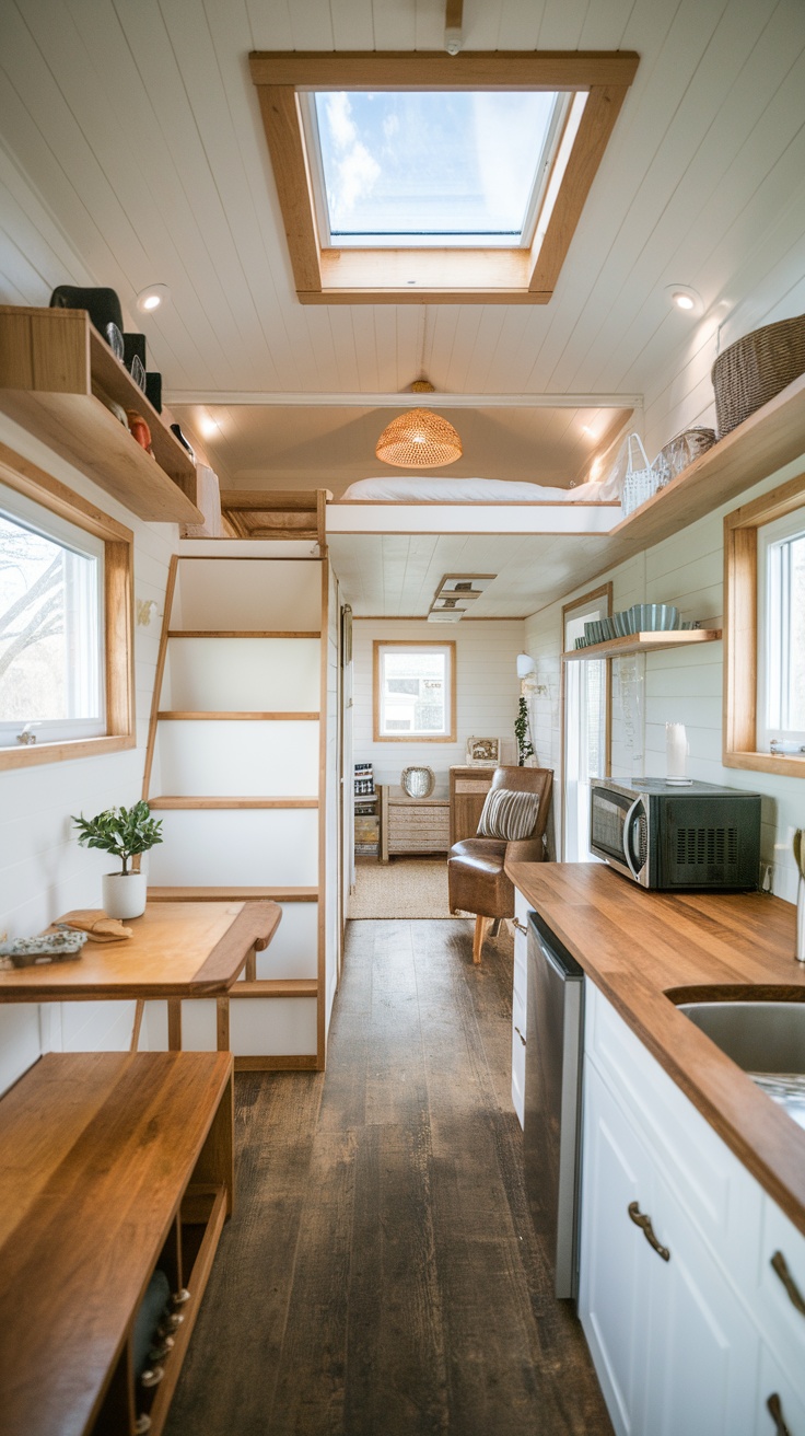 Interior of a stylish tiny home showcasing a modern kitchen and loft space.
