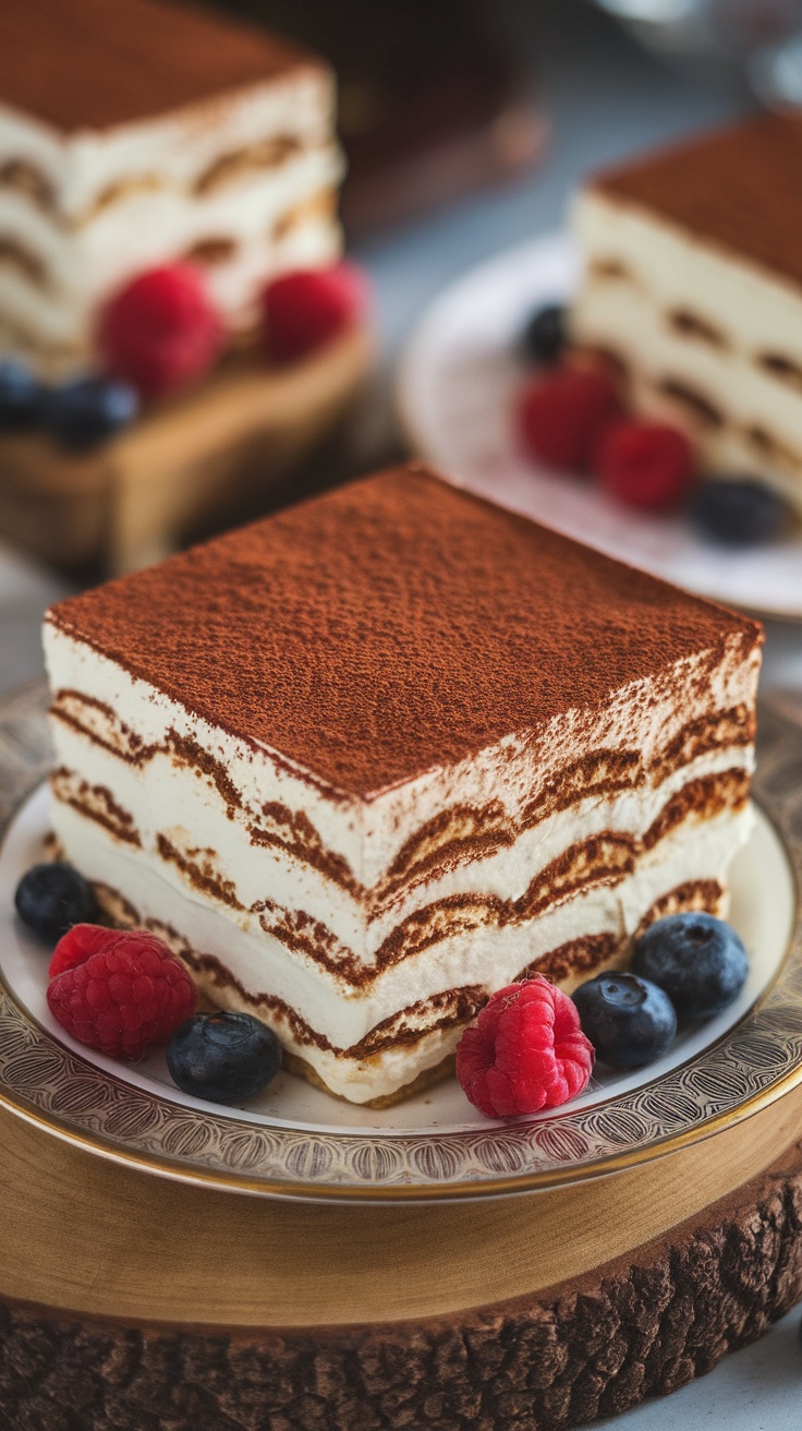 Delicious layers of tiramisu with a cocoa dusting, garnished with berries.