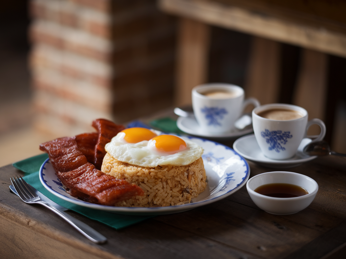 A plate of tocilog featuring sweet cured pork, fried rice with eggs, and cups of coffee.